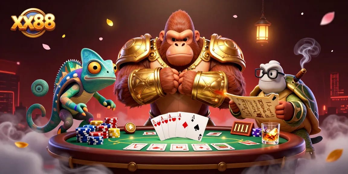 Experience the thrill of xx88 poker with a gorilla king and colorful chameleon in a vivid showdown.