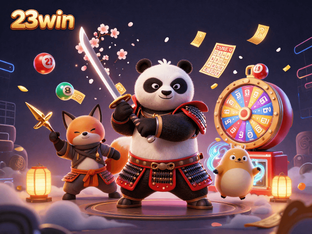 23win's playful imagery showcases samurai panda and ninja fox in an engaging gambling adventure.