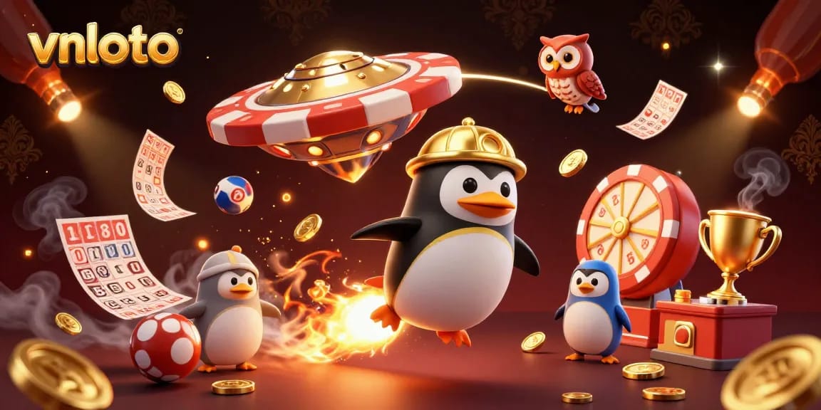 Experience thrilling lottery excitement with vnloto's colorful 3D penguin and vibrant lottery elements.