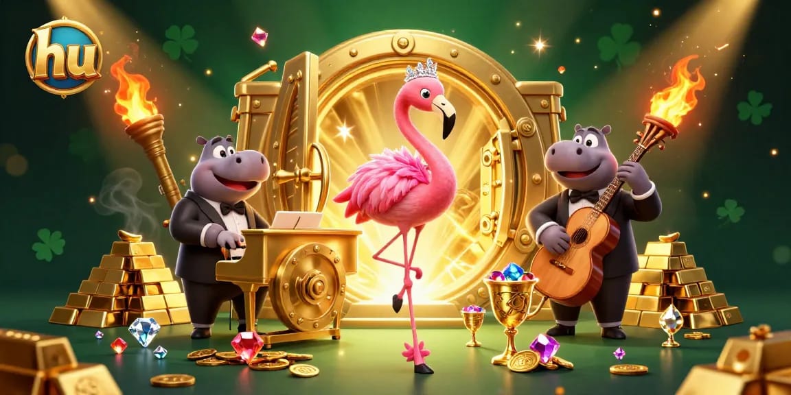 Tham gia vào các trò chơi tại hu với hình ảnh một chú hồng hạc ca sĩ và hippo nhạc sĩ vui nhộn.