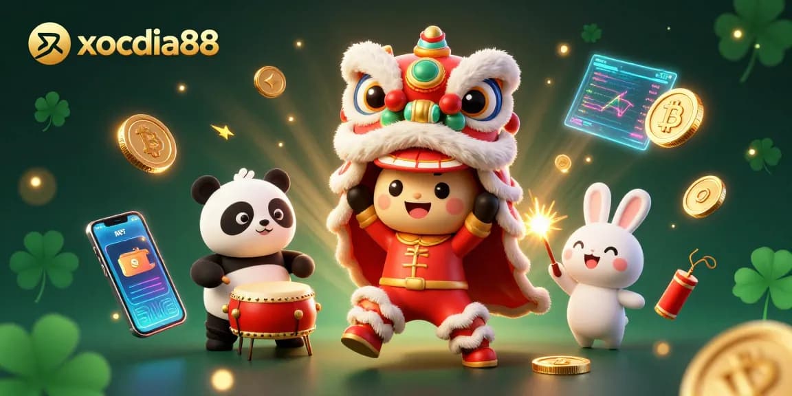 Experience exhilarating wins with xocdia88 in this vibrant 3D illustration of a lion dance, featuring crypto elements.