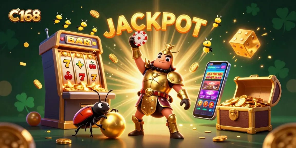 C168 offers exhilarating action with a victorious beetle lifting a poker chip amidst overflowing casino treasures.
