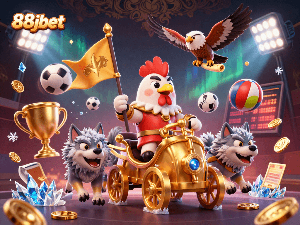 Experience thrilling gaming at 88jbet with dynamic sports elements and exhilarating action in a vibrant illustration.