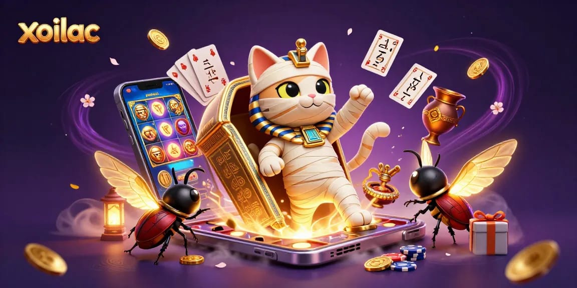 Experience vibrant gaming with xoilac's Egyptian themed casino scene featuring magical elements.