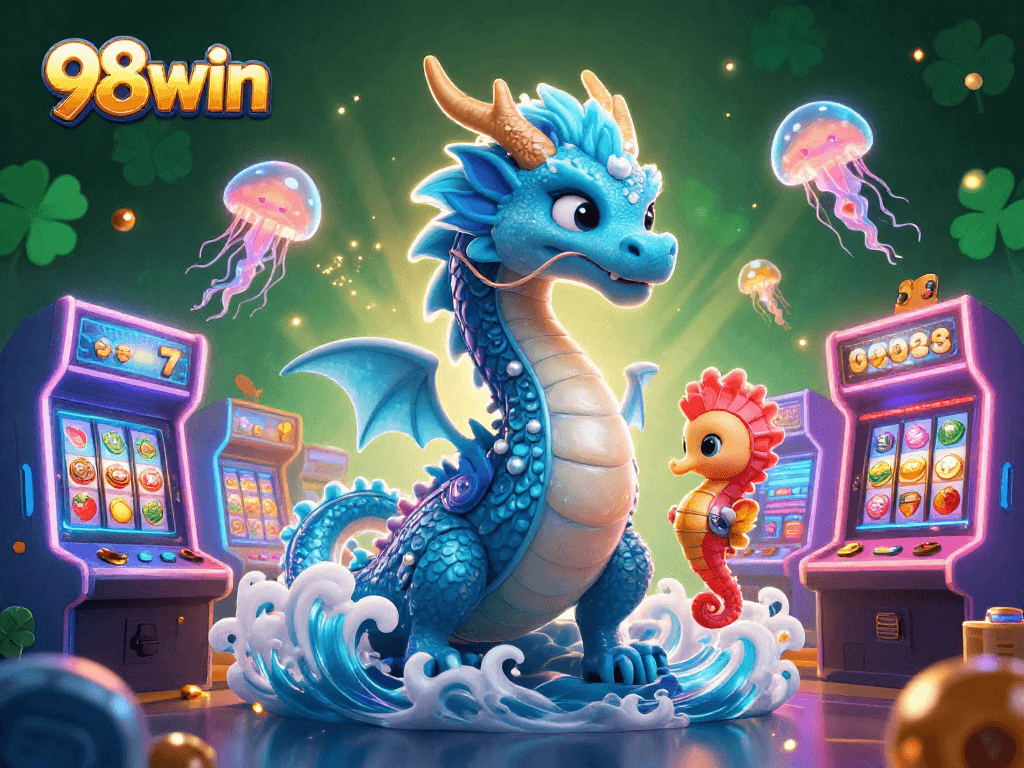 Win big at 98win with vibrant 3D casino illustration showcasing game excitement.