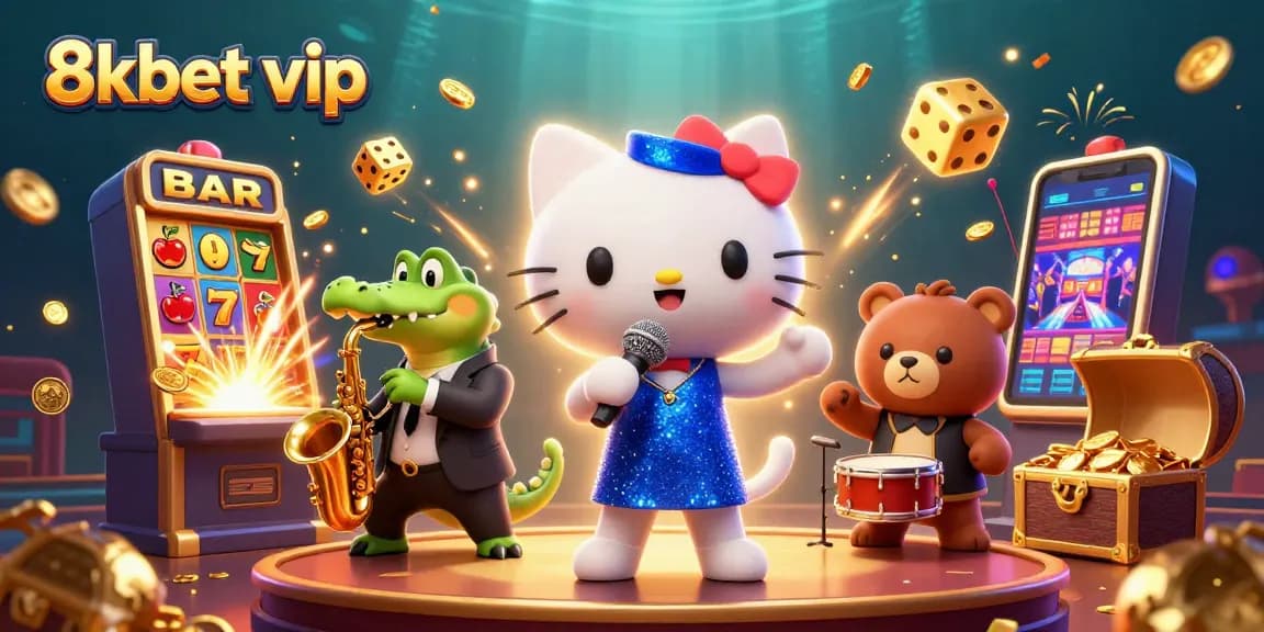 Experience vibrant gaming with 8kbet vip, showcasing a lively casino scene with animated characters.