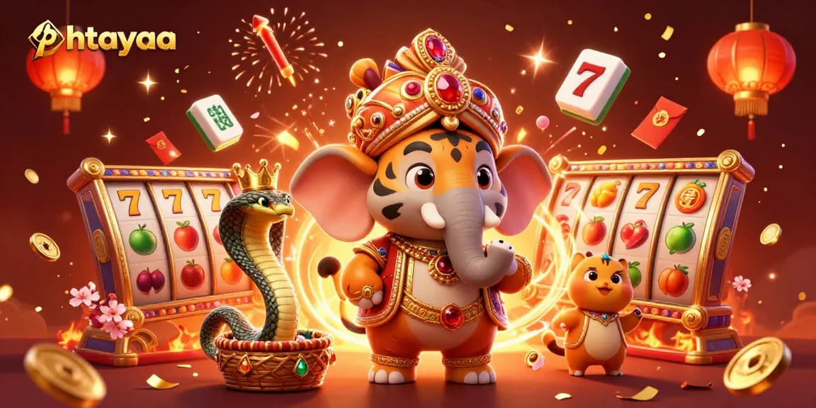 Experience thrilling jackpots with phtayaa featuring a vibrant scene of a maharaja tiger, elephant, and cobra.