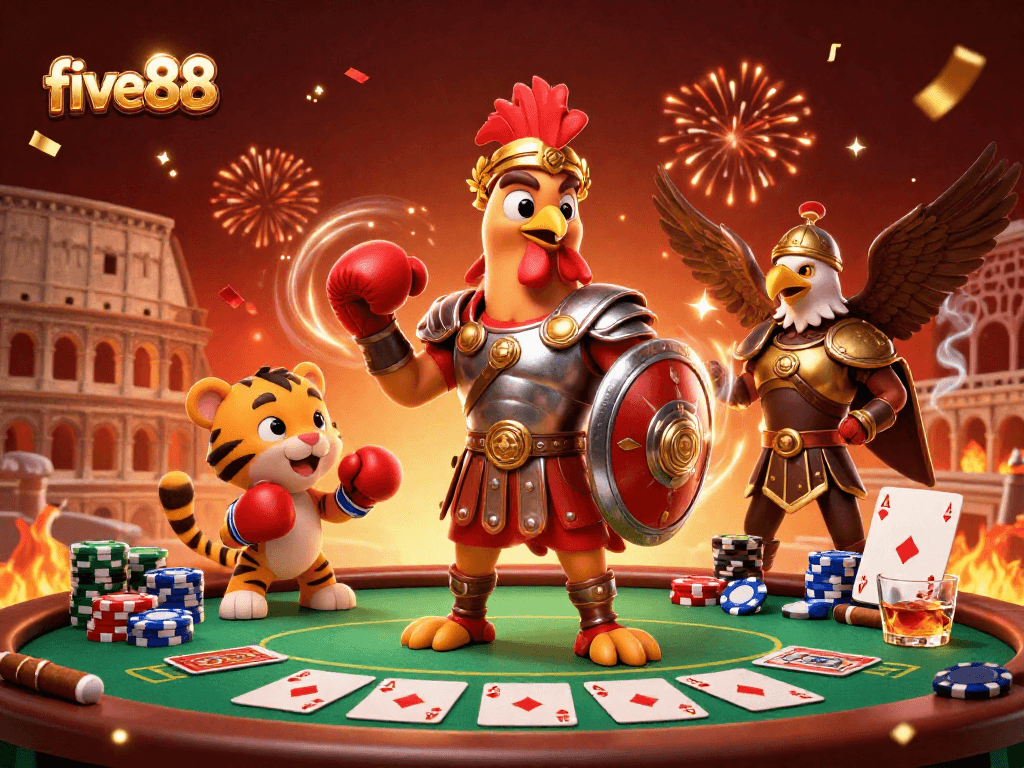 Experience the thrill of five88 as the gladiator rooster faces off at a poker table surrounded by action.