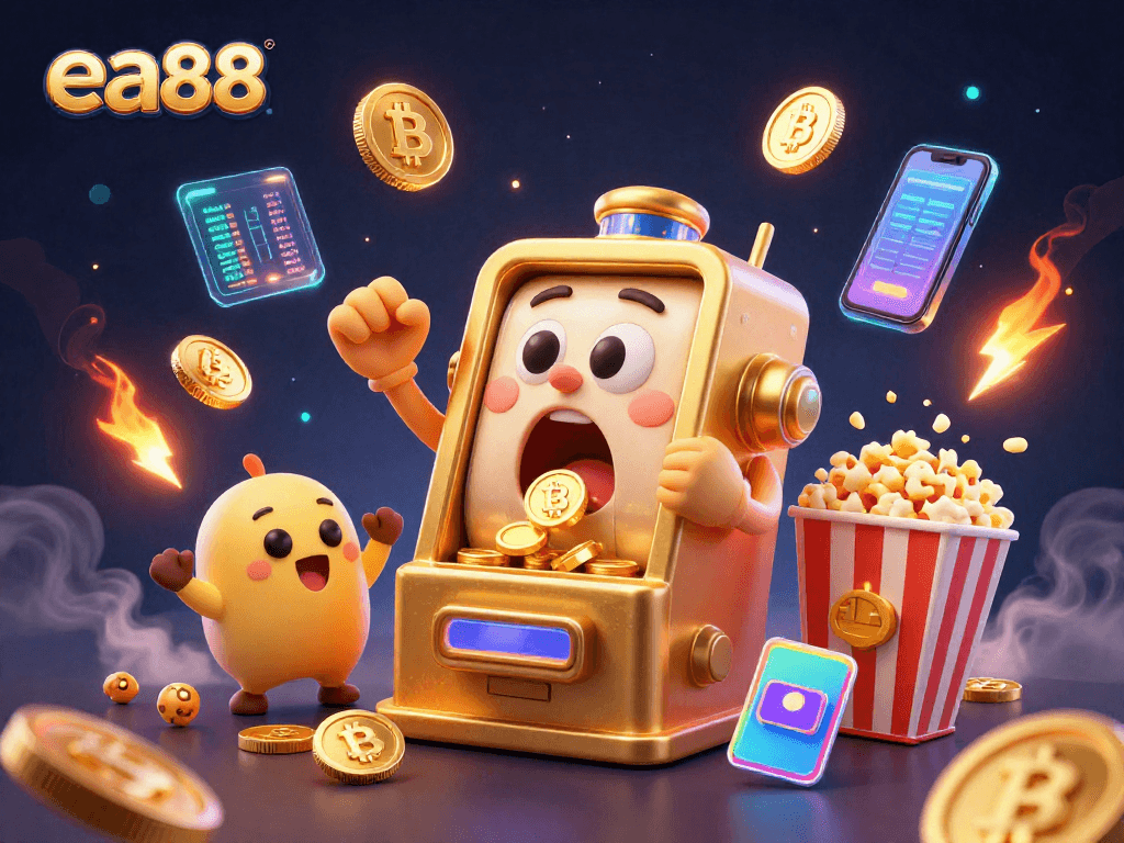 ea88 engages players with a vibrant 3D slot machine scene celebrating jackpots and cryptocurrency excitement.