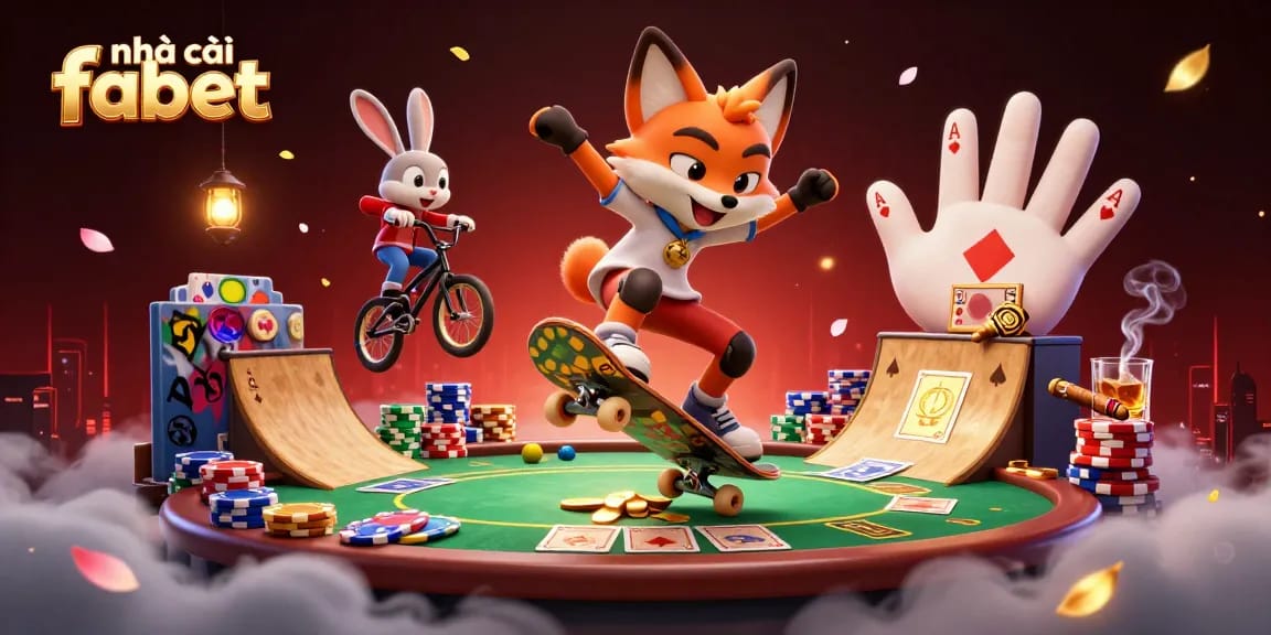 Experience excitement at nhà cái fabet with a vibrant 3D cartoon scene of gambling action featuring the fox and rabbit.