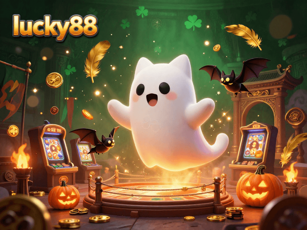 Experience thrilling gaming at lucky88 with a friendly ghost cat and vibrant casino elements.