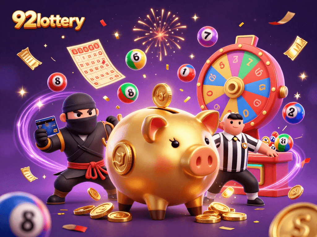 Experience the excitement of 92lottery with a sumo wrestler and ninja in a dynamic lottery scene.