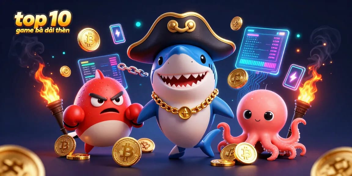 Engage in top 10 game bài đổi thưởng with vibrant 3D casino characters and gold coins.