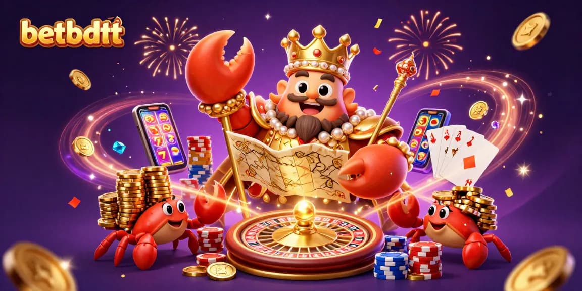 Spin the roulette and win with betbdtt, featuring a golden crab emperor amidst casino treasures