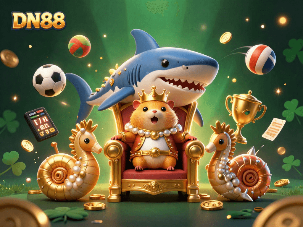 Join the action at DN88 with the fierce golden hamster king ruling the casino realm amidst thrilling sports betting excitement.