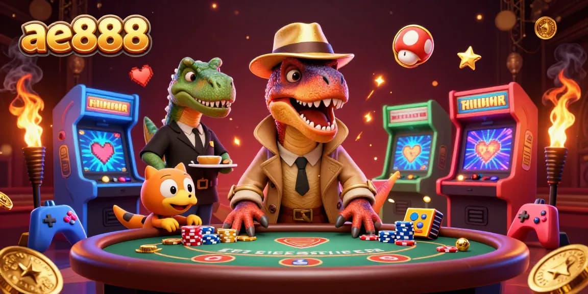 Experience exciting gameplay at ae888 with cartoon characters around a blackjack table and glowing games.