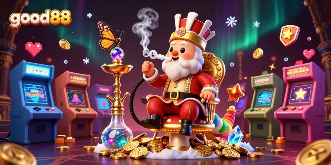 Experience the magic of good88 with a caterpillar hookah-master in a vibrant casino setting.