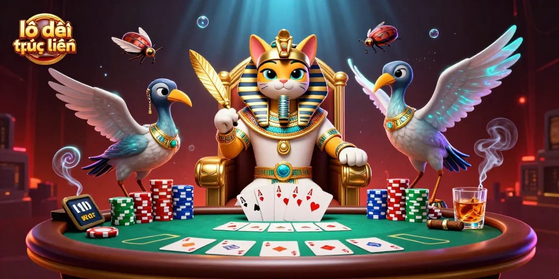 Experience the thrill of lô đề trực tuyến with a vibrant 3D illustration featuring an Egyptian pharaoh cat surrounded by poker elements.