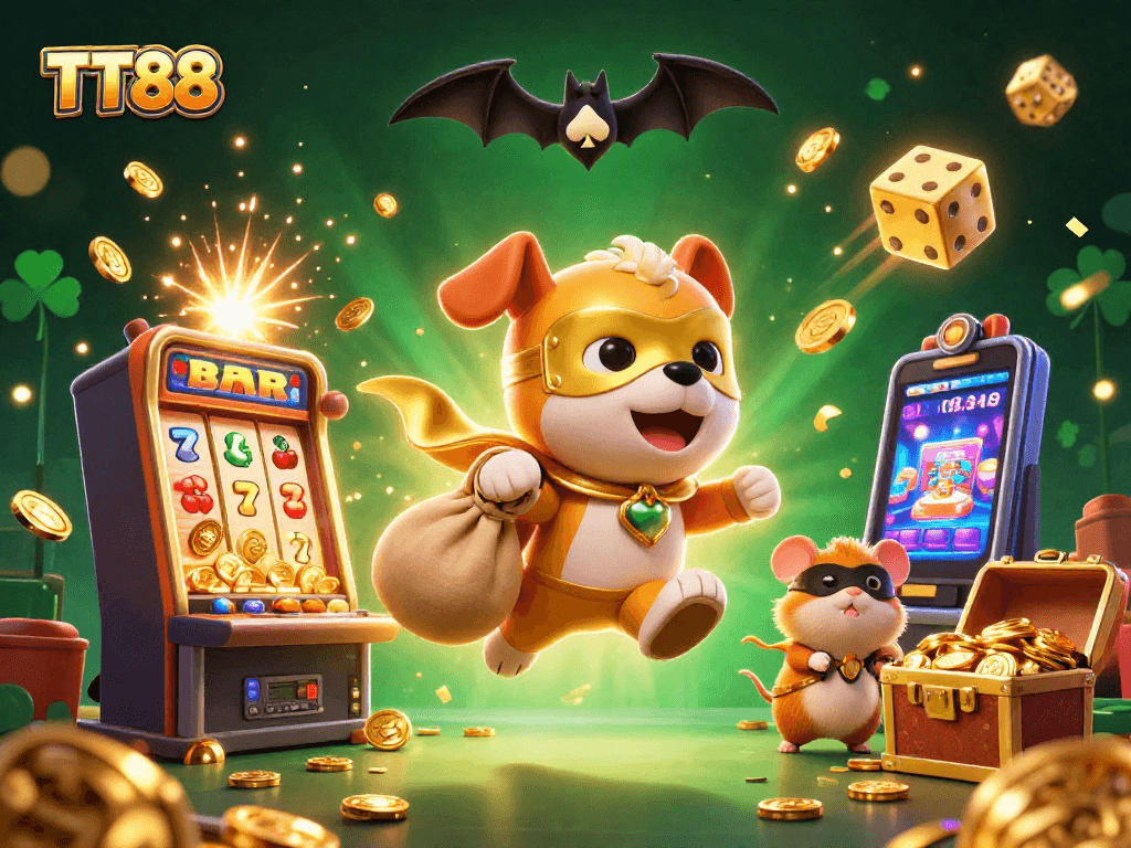 TT88 brings excitement with a 3D cartoon superhero dog and hamster duo amidst a dazzling casino scene.