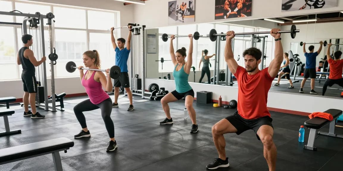 Prime Pharma Steroïden Winkel fitnessomgeving met bodybuilders die trainen in een moderne sportschool, energieke sfeer.