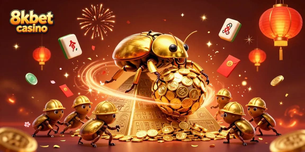Experience thrilling games at 8kbet casino with a vibrant scene featuring golden elements and animated characters.