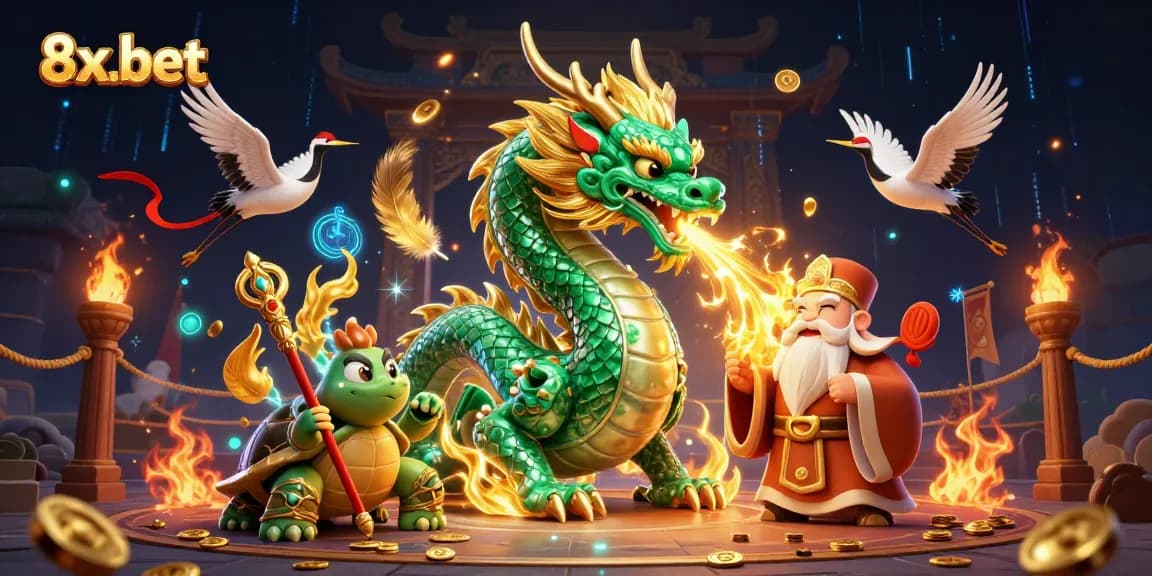 Engage in thrilling gameplay with 8x-bet’s emerald dragon and lucky cranes in a dynamic casino illustration.