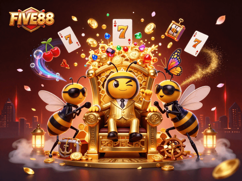 Engage with FIVE88's vibrant casino scene featuring a bumblebee mob boss among slot reels and treasure.