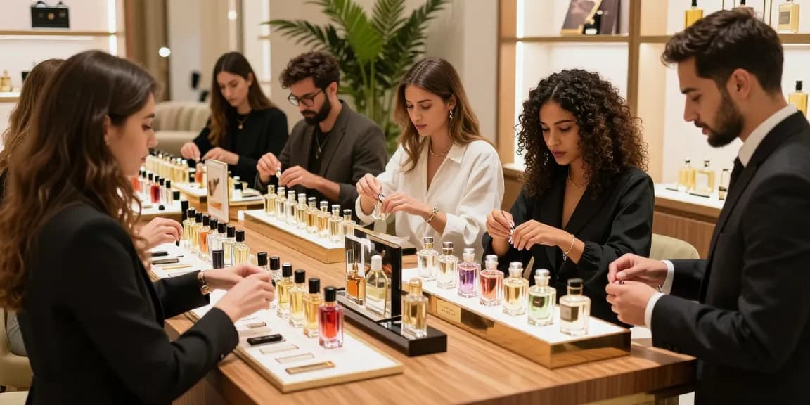 Parfum sample kopen bij luxe parfums op een elegante schoonheidstafel.