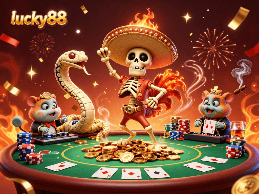 Experience thrilling gameplay and vibrant celebrations at lucky88 with a mariachi rooster dancing on coins.