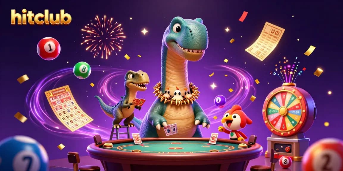 Hitclub brings excitement with a giant dinosaur in a vibrant casino scene featuring dynamic games.