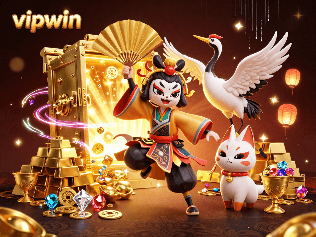 Experience winning with vipwin as kabuki warriors and treasure surround in a vibrant casino scene.
