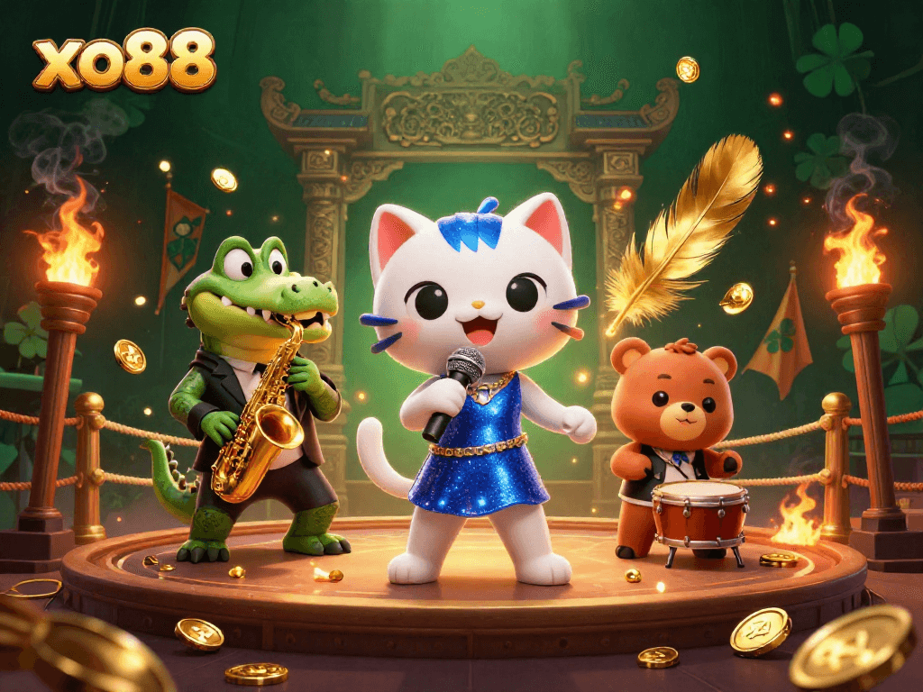 Experience the vibrant energy of xo88 with lively characters on a casino stage amidst dynamic elements.