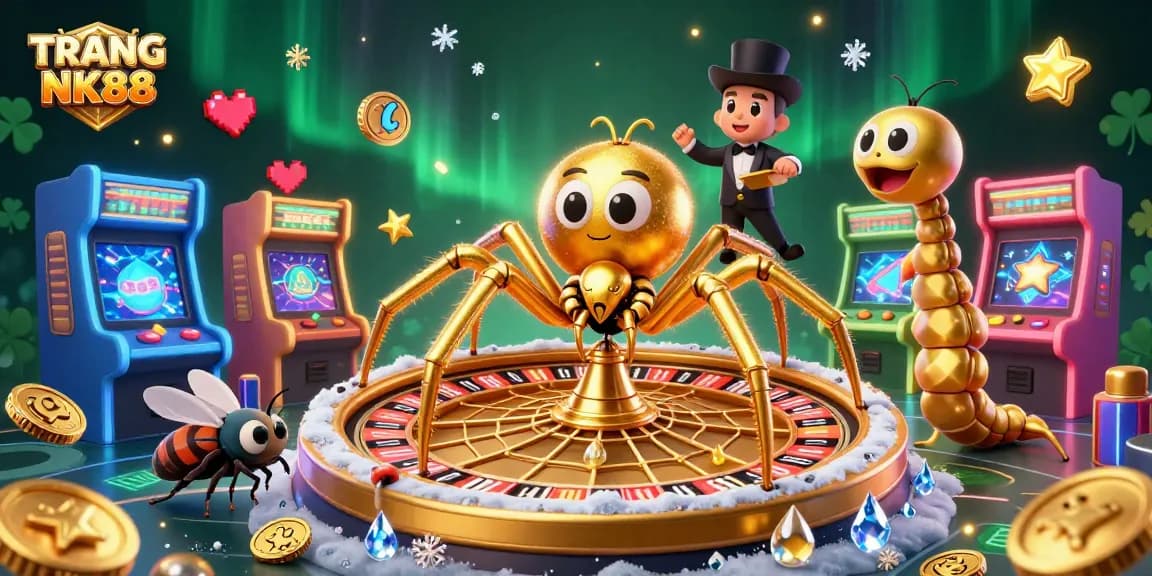 Engage with TRANG CHỦ NK88 in an elaborate 3D casino illustration featuring a golden spider and dynamic gaming elements.
