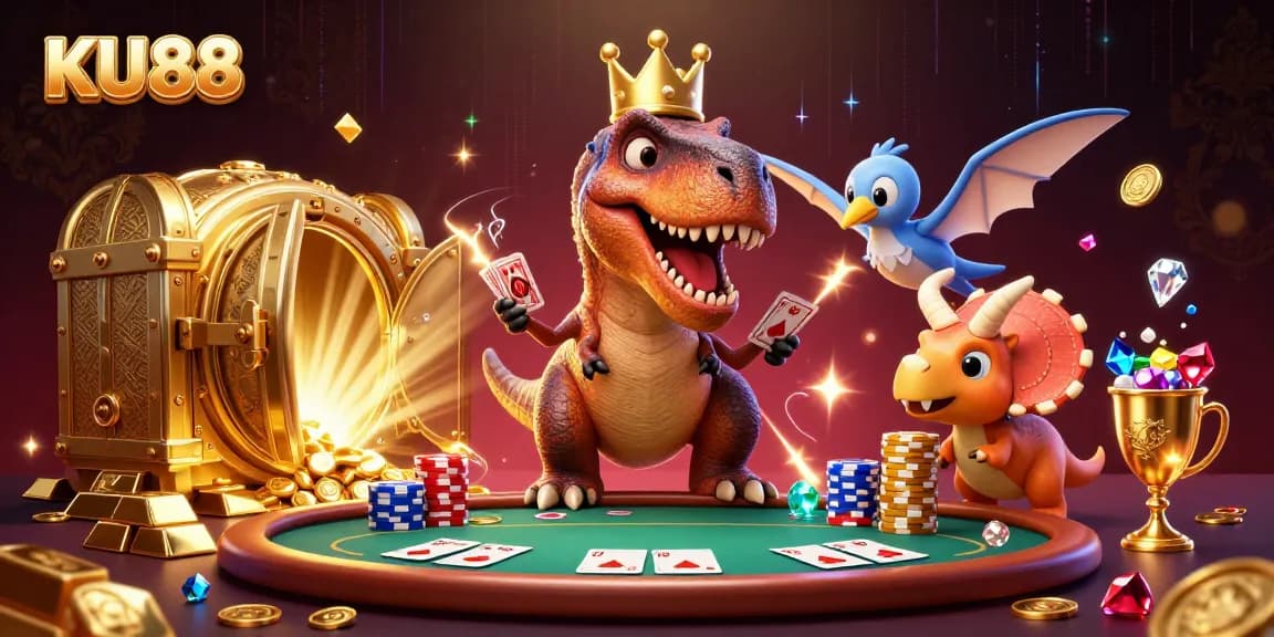 Experience exciting poker games with KU88, featuring a T-Rex dealing cards and vibrant casino treasures.