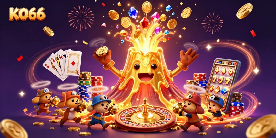 Engage in exciting gameplay adventures with KO66 at this vibrant casino illustration, featuring lively characters and casino elements.