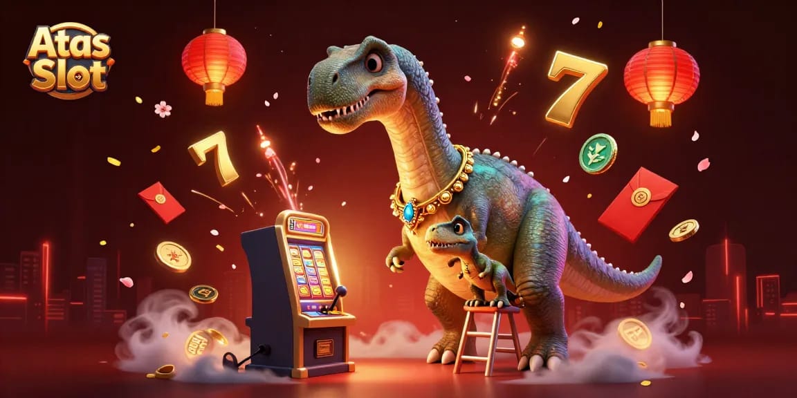 Experience triumph with Atas Slot as a brontosaurus towers over a vibrant casino scene.