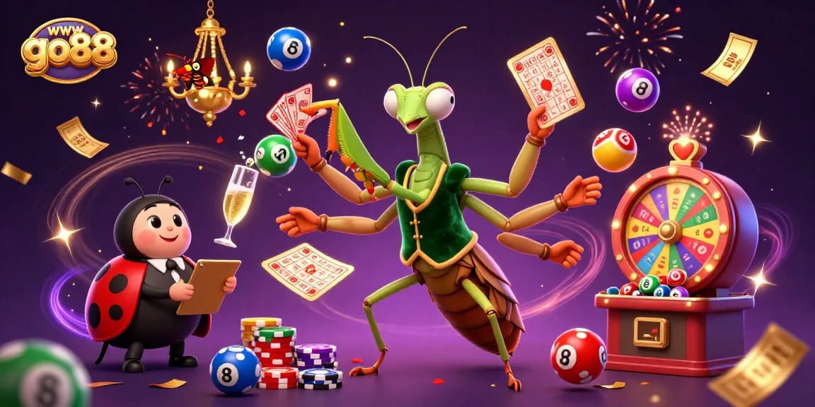 Experience winning moments at wwwgo88 as the giant mantis card sharp deals cards with colorful gambling elements surrounding them.
