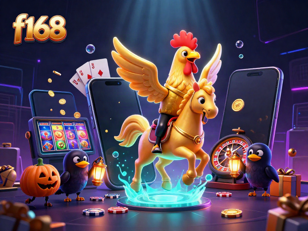 Join the thrilling world of f168 as a golden rooster navigates a vibrant casino scene.