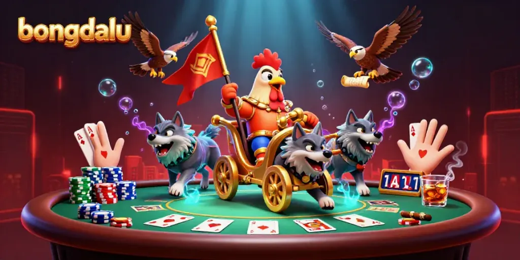 Bongdalu features a 3D cartoon rooster warlord in a dynamic gambling scene with poker elements.
