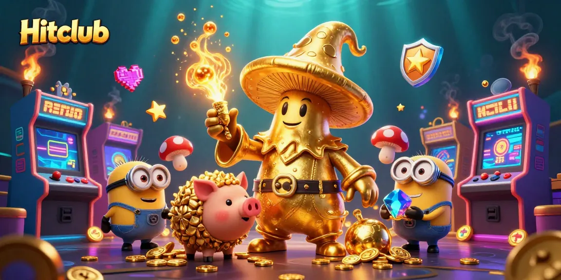 Experience immersive gaming with Hitclub's golden wizard and treasures in a vibrant casino scene.