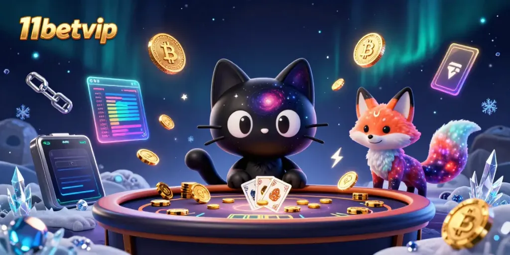 Experience the thrill of 11betvip at an ultra-modern cosmic casino, featuring a black hole cat and nebula fox.