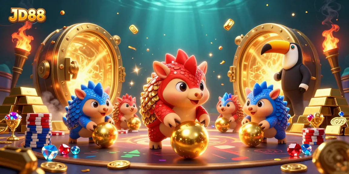 Experience thrilling gameplay at JD88 with cartoon pangolins rolling poker chips in a vibrant casino