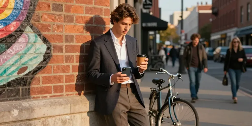Stijlvolle herenmode in een stedelijke omgeving met een man in een modern pak.