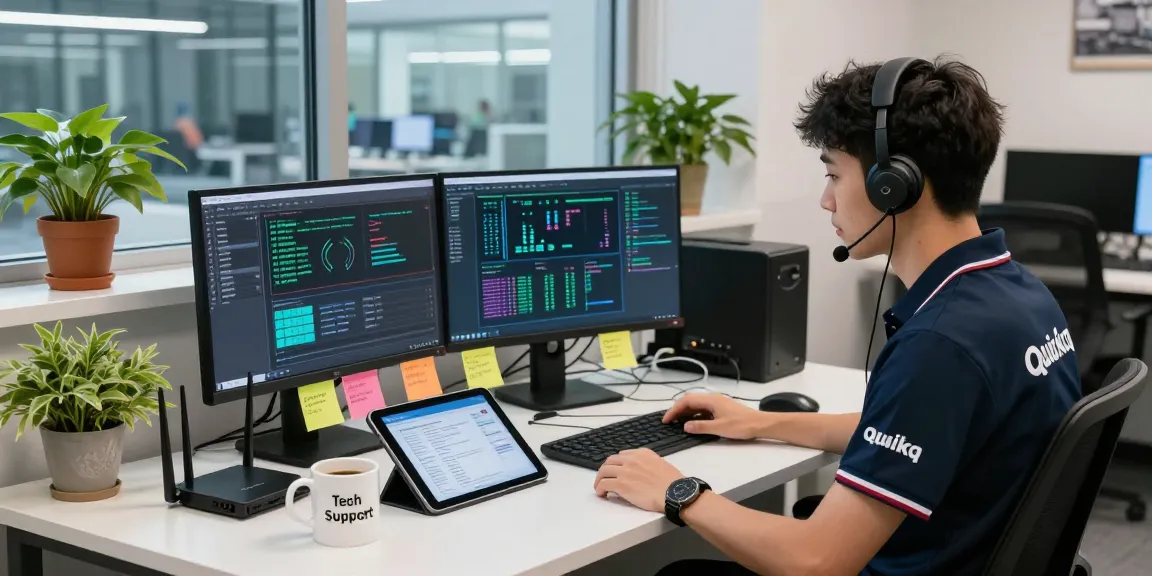 快速、稳定的 quickq电脑版 VPN 技术支持工作场景，技术人员在现代化办公桌前调试网络配置。