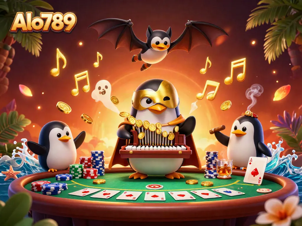 Alo789 penguin celebrates wins with poker chips and coins in a festive casino ambiance