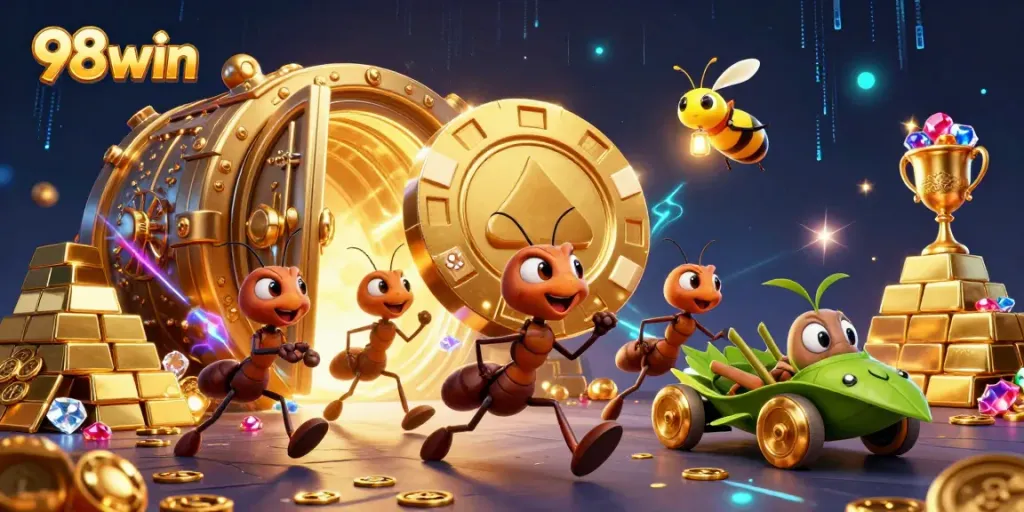 Watch the 98win ants carry a massive poker chip in a vibrant heist scene filled with treasures.