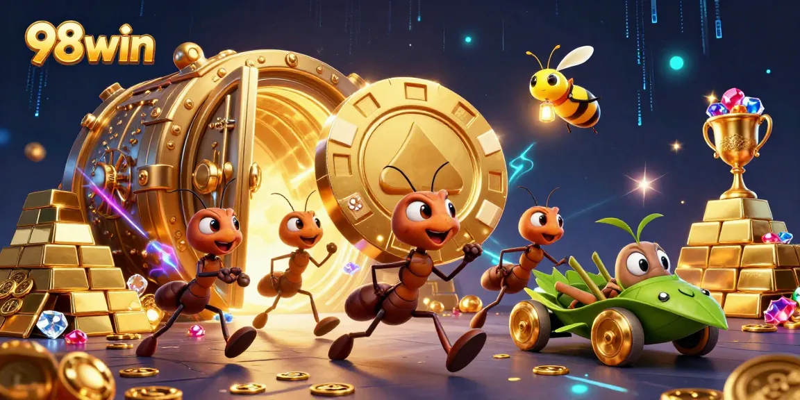 Watch the 98win ants carry a massive poker chip in a vibrant heist scene filled with treasures.