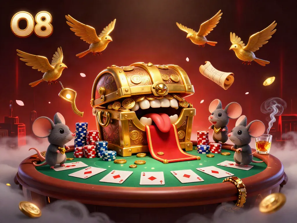 Experience the excitement of O8 with adventurer mice and golden treasures in this vibrant casino illustration.
