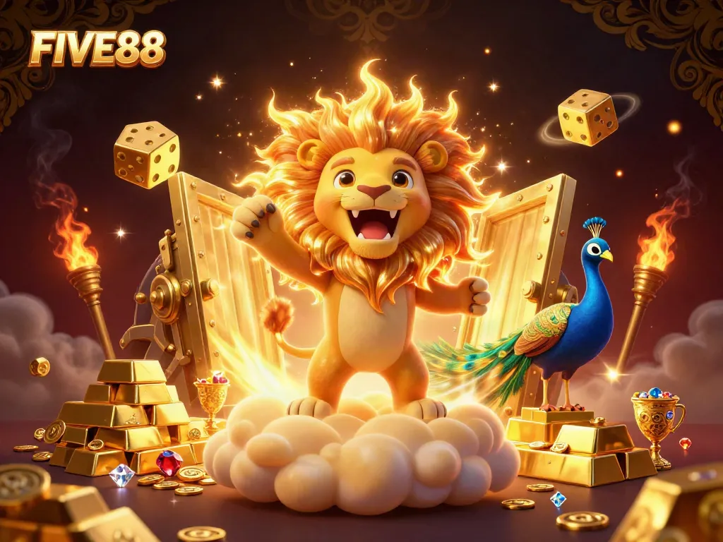 Experience the excitement at FIVE88 with a 3D illustration full of casino treasures and vibrant gaming elements.