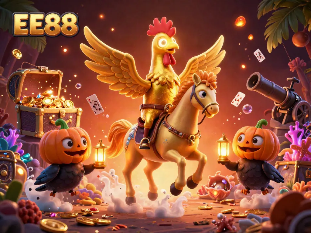 EE88 showcases thrilling moments in the casino, with the golden rooster and companions celebrating winnings.